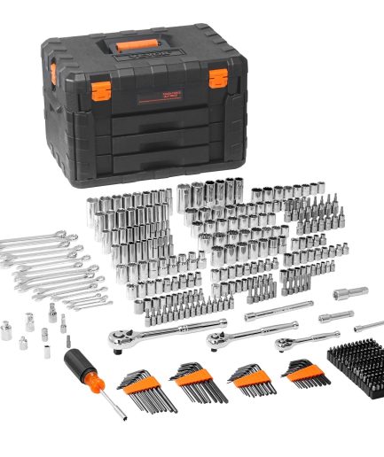 SKYSHALO Mechanic Tool Socket Set 1/2, 3/8 and 1/4 inch Drive SAE & Metric Size, 450 Piece with Tool Box Storage Case for for Home, Household, Garage, Bike, Car Trunk, Automotive, Mechanic Projects