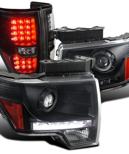 Spec-D Tuning Black LED Strip Bar Projector Headlights + LED Fog Lamps Compatible with Ford F150 Left + Right Pair Headlamps Assembly