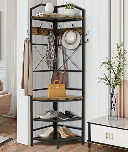 MQLIFEBOOM 3-in-1 Entryway Coat Rack Industrial Hall Tree Corner Cloth Rack with Bench Hallway Coat and Shoe Rack for Corner Entryway Organizer with Metal Shoe for Hallway Corner Ent
