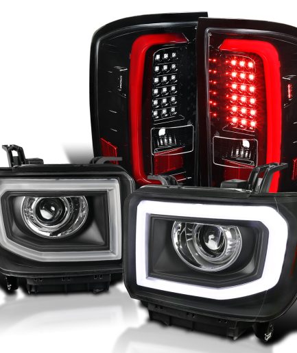 Spec-D Tuning JDM Black LED Strip Projector Headlights w/ 6-LED Fog Light Compatible with GMC Sierra 1500 Left + Right Pair Headlamps Assembly