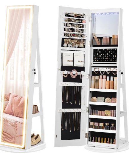 SONGMICS LED Mirror Jewelry Cabinet Standing Jewelry Armoire Organizer Box with Full-Length Mirror and Adjustable LED Lights White