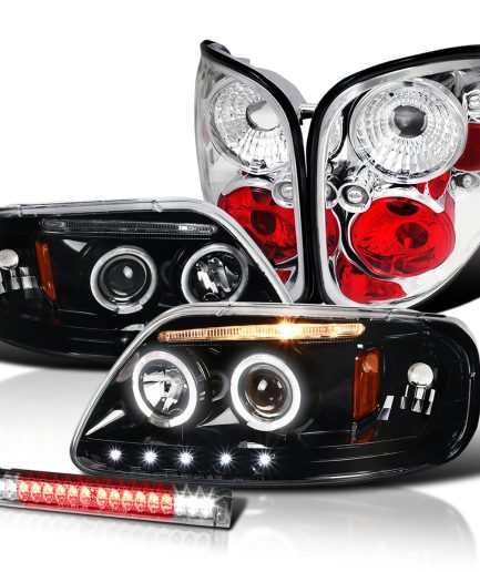 Spec-D Tuning JDM Black LED Strip Projector Headlights w/ 6-LED Fog Lamp Compatible with Ford F150 Left + Right Pair Headlamps Assembly