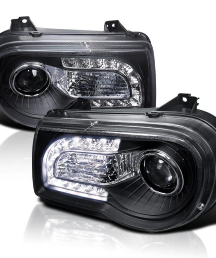 Spec-D Tuning Black LED Strip Projector Headlights Compatible with 2005-2010 Chrysler 300C/300C AWD/HEMI/SRT-8, Left + Right Pair Headlamps Assembly