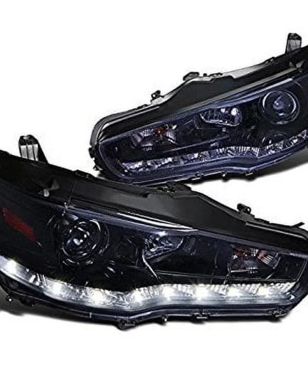 Spec-D Tuning 2LHP-EVO08G-8-TM Mitsubishi Lancer EVO X 10 Glossy Black R8 Style LED Projector Headlights