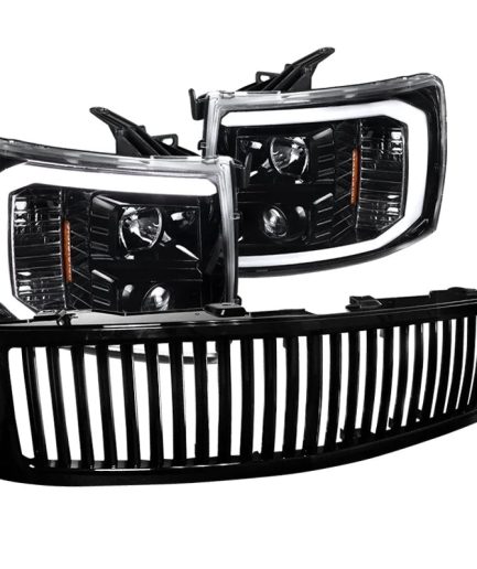 Spec-D Tuning LED Light Bar Jet Black Housing Clear Lens Projector Headlights + Glossy Black Vertical Style Grille Compatible with 2007-2014 Chevrolet Silverado Left + Right Pair Headlamps Assembly