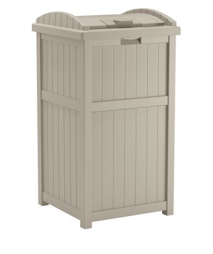 Suncast Outdoor Hideaway Trash Container for Patio, Taupe, 33 Gallon