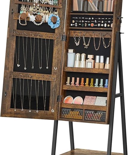 SONGMICS LED Jewelry Cabinet Standing Lockable Jewelry Armoire with Full-Length Mirror Space-Saving Jewelry Organizer Box with Mirror Bottom Drawer and Shelf Gift Idea Rustic Brown