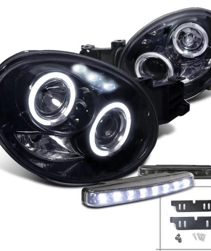 Spec-D Tuning Glossy Black Halo Projector Headlight + Bumper LED Fog Lamp Compatible with Impreza Left + Right Pair Headlamps Assembly