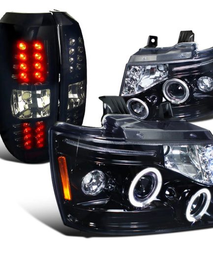 Spec-D Tuning Black LED Projector Headlights + LED Driving Bumper Fog Lamps Compatible with Chevy Avalanche Left + Right Pair Headlamps Assembly