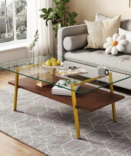 MQLIFEBOOM Glass Coffee Table Mid Century 2 Tier Rectangle Accent Table Tempered Glass Top & Wood Center Table for Living Room Apartment Small Space (Brown Glass/Coffee Brown)