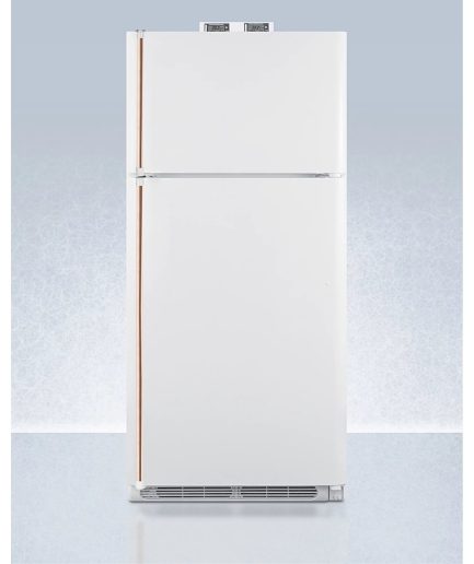 18 cu.ft. break room refrigerator-freezer in white with NIST calibrated alarm/thermometers and copper handles
