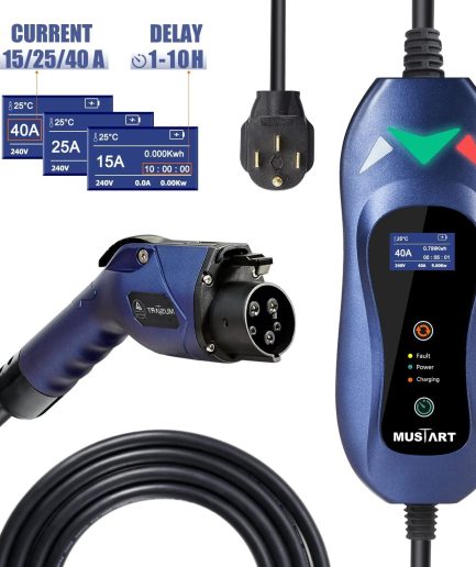 MUSTART Level 2 Portable EV Charger (240 Volt, 25ft Cable, 15/25/40 Amp Adjustable) Electric Vehicle Charger Plug-in EV Charging Station with Delay Function (NEMA 14-50P)