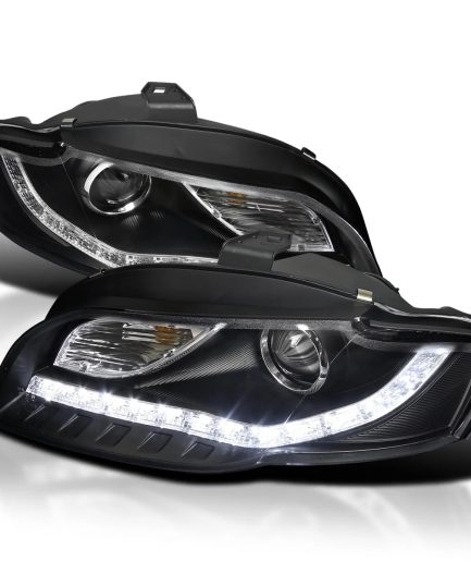 Spec-D Tuning Euro Black LED Strips Projector Headlights Compatible with 2006-2008 Audi A4/S4 B7, Left + Right Pair Headlamps Assembly