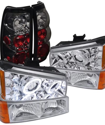 Spec-D Tuning Black SMD LED Projector Headlights + 6-LED Bumper Light Compatible with Chevy Silverado Left + Right Pair Headlamps Assembly