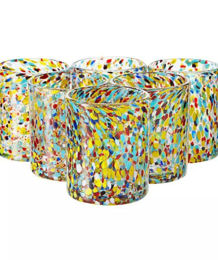 10 oz Hand Blown Mexican Drinking Glasses， Full Confetti Tumbler Cups (Set of 6)
